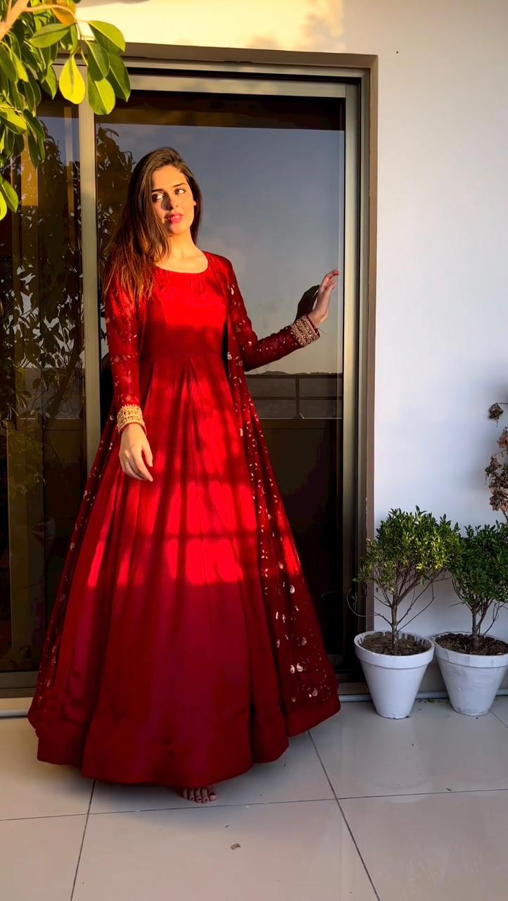 Buy Now Sanari Red Georgette New Embroidery Beautiful Party Wear Gown With  Koti For Women Wear At Arya Dress Maker